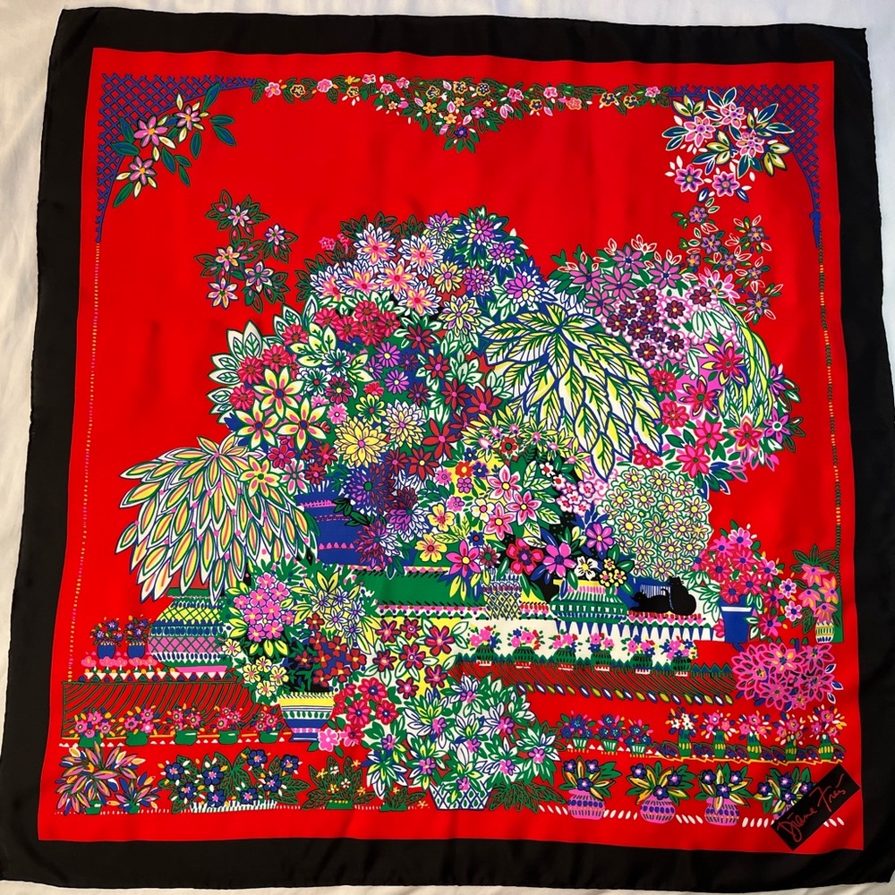 Diane Freis silk scarf Vtg Handrolled Black Cats Garden Floral Black Red 33x33